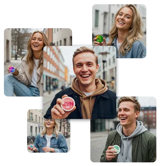 Group of young adults outdoors in an urban setting smiling and holding small round nicotine pouches, casually dressed and standing on a city street in daylight.
