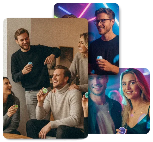 Friends gathered indoors at a relaxed social event, smiling and laughing while holding nicotine pouches, with warm lighting and colorful party lights in the background.